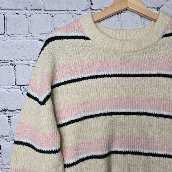 HM Divided Wool Blend Cream Pink Black Stripe Crew Neck Knit Sweater Size S - Picture 4 of 9